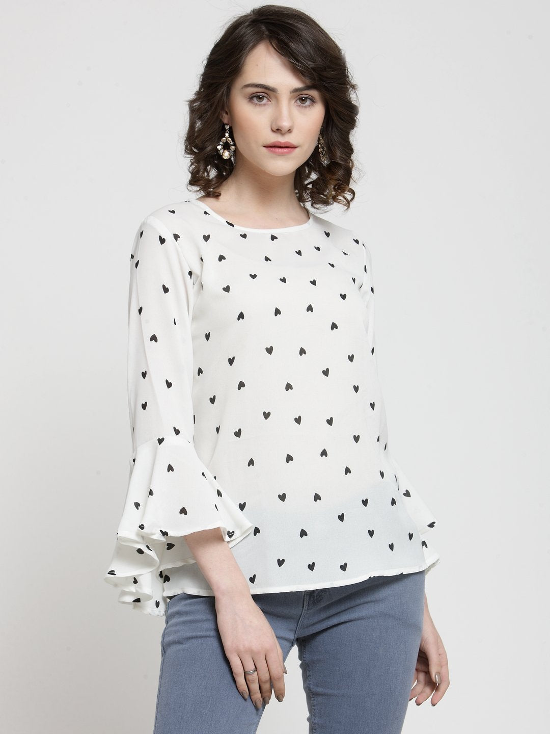 ZARVEY Casual Bell Sleeve Printed Women White Top