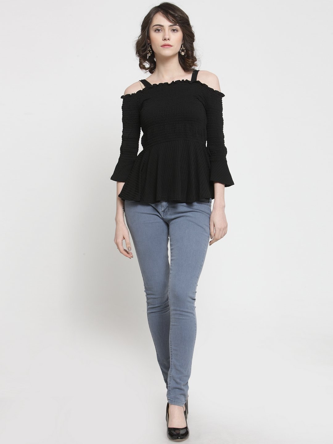 ZARVEY Casual Bell Sleeve Solid Women Black Top