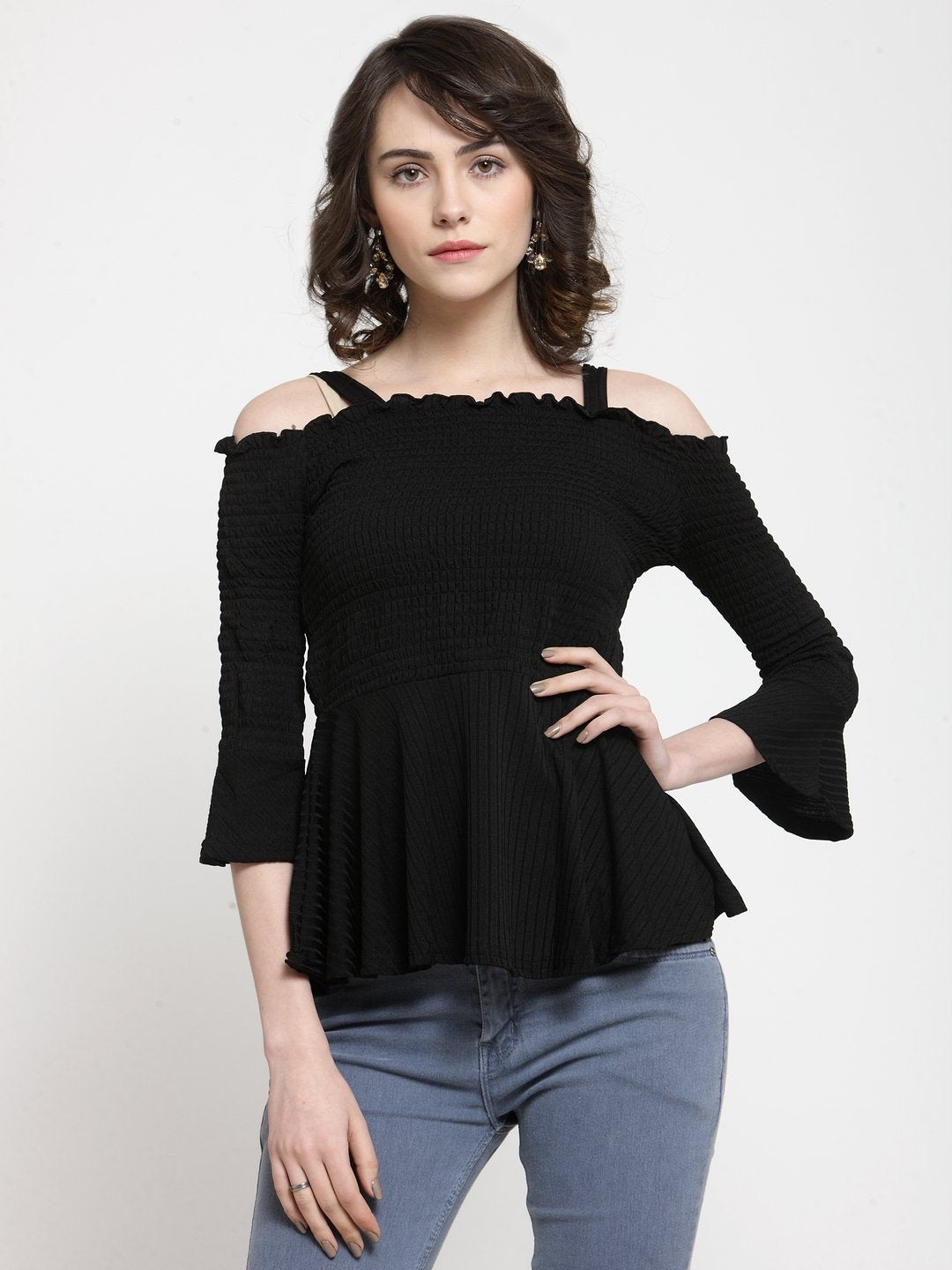 ZARVEY Casual Bell Sleeve Solid Women Black Top