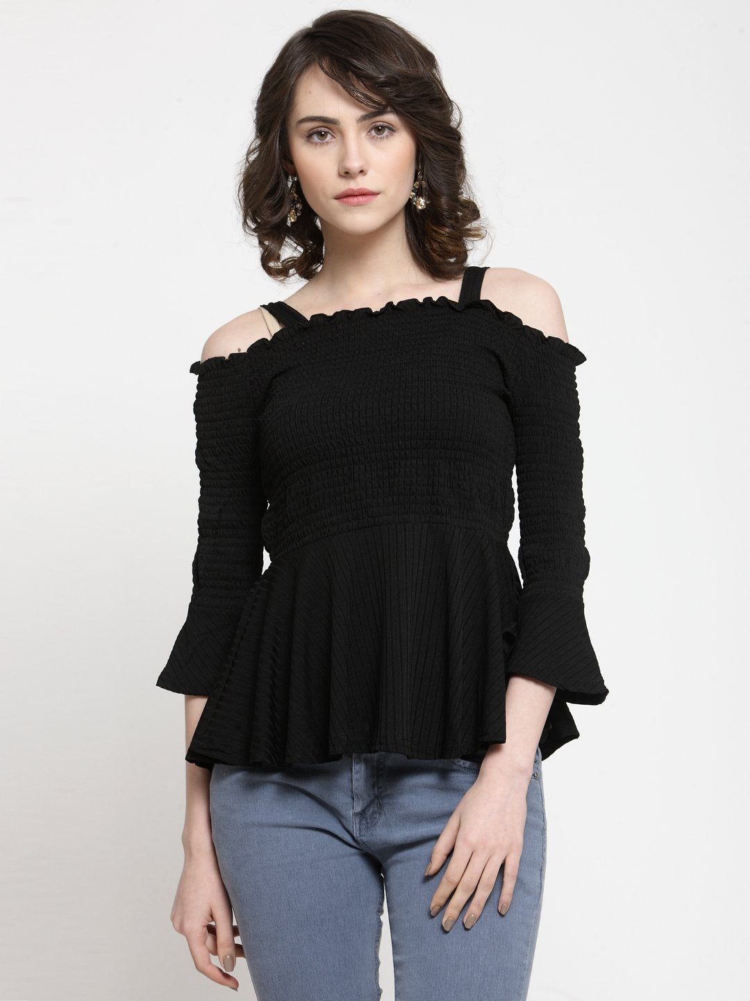 ZARVEY Casual Bell Sleeve Solid Women Black Top