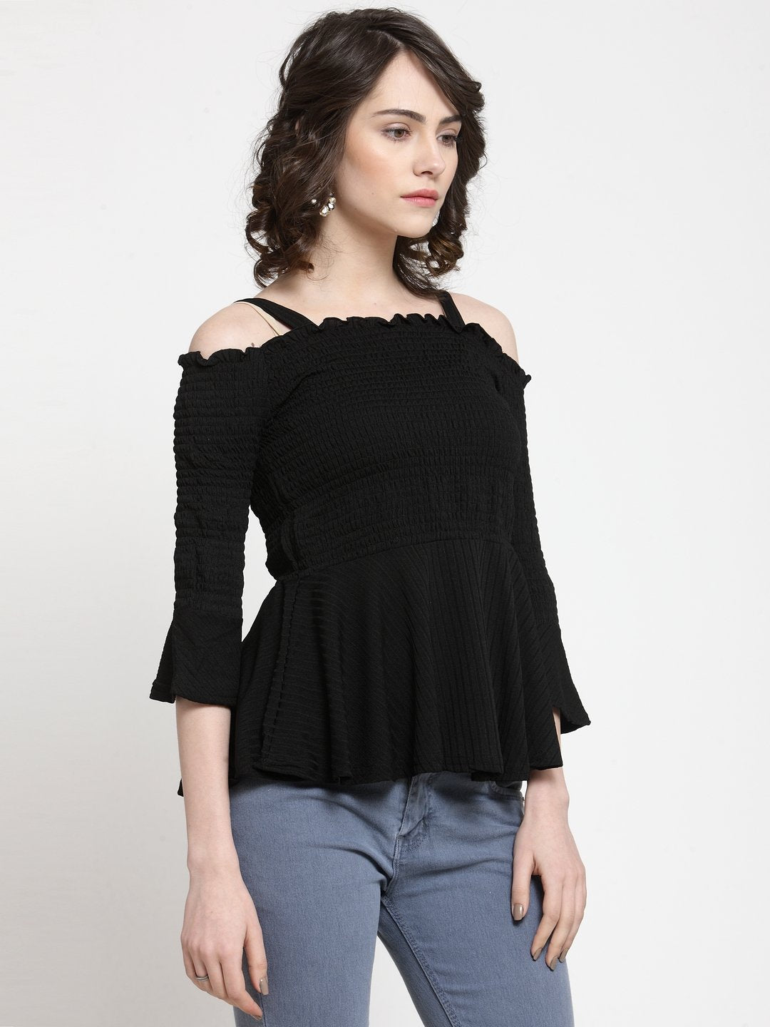 ZARVEY Casual Bell Sleeve Solid Women Black Top