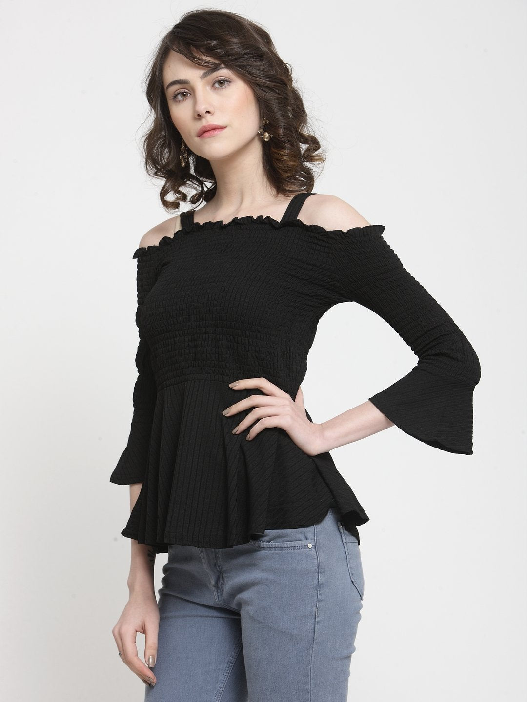 ZARVEY Casual Bell Sleeve Solid Women Black Top