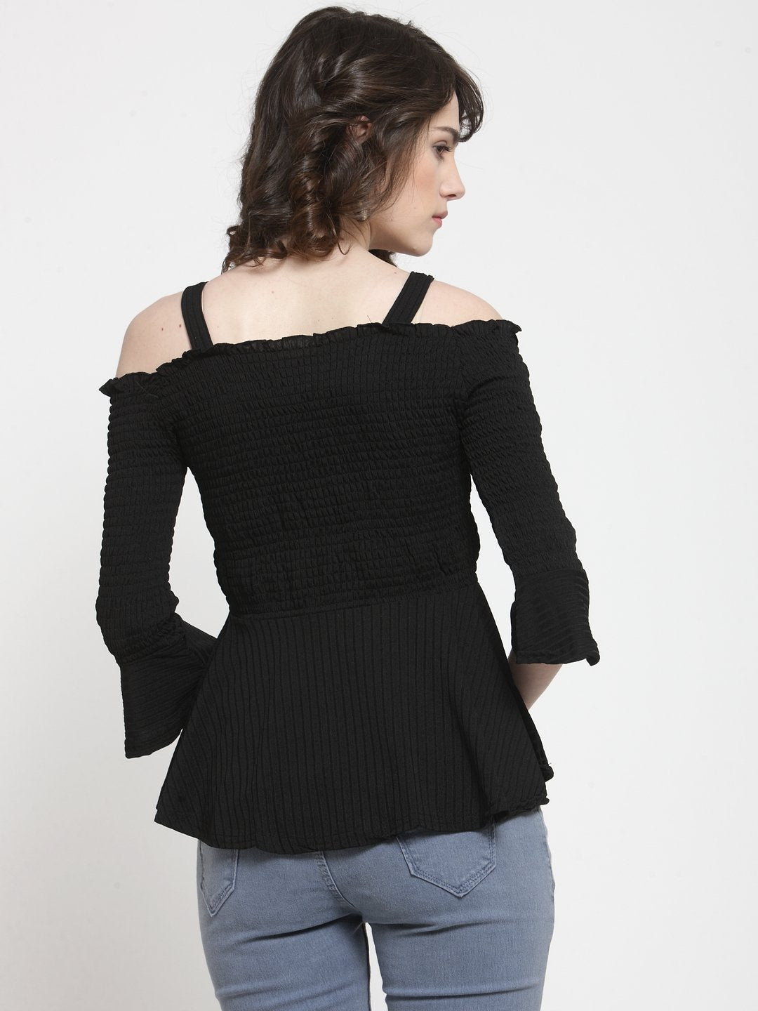 ZARVEY Casual Bell Sleeve Solid Women Black Top