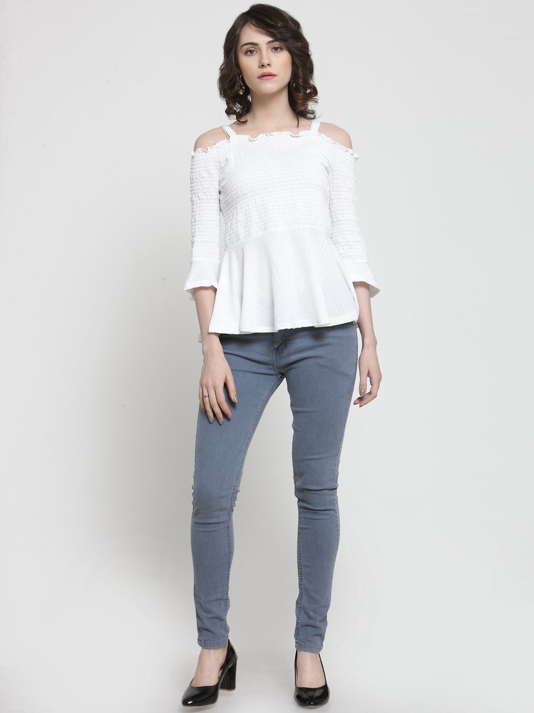 ZARVEY Casual Cold Shoulder Solid Women White Top