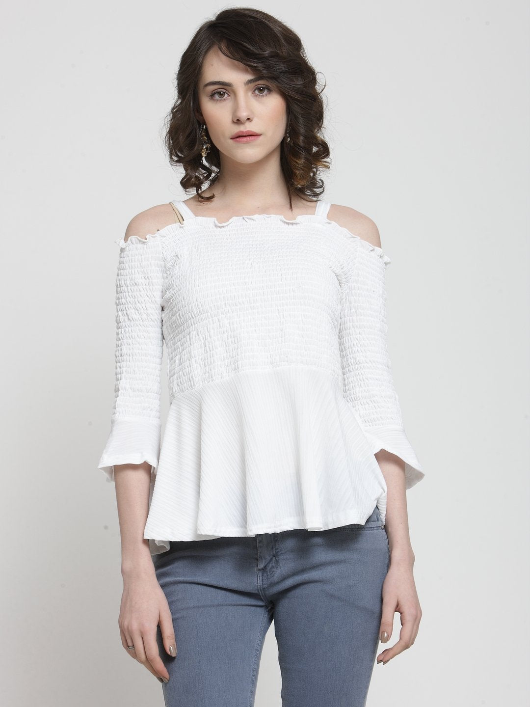 ZARVEY Casual Cold Shoulder Solid Women White Top