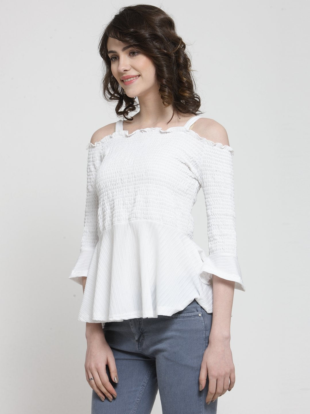 ZARVEY Casual Cold Shoulder Solid Women White Top