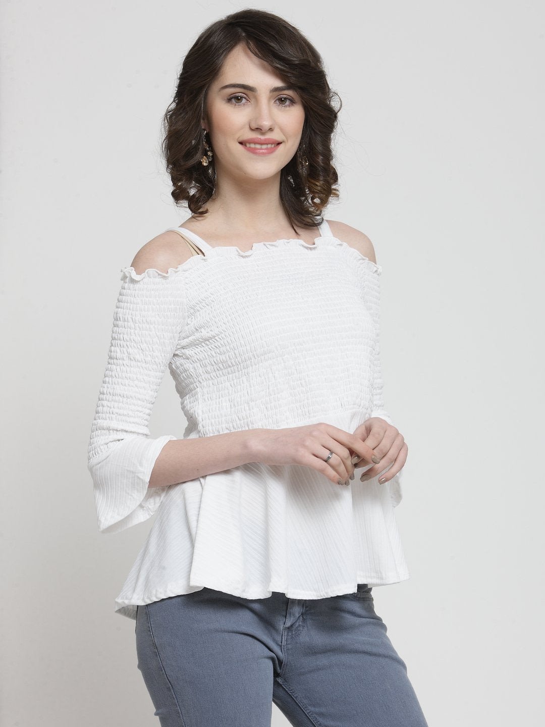 ZARVEY Casual Cold Shoulder Solid Women White Top