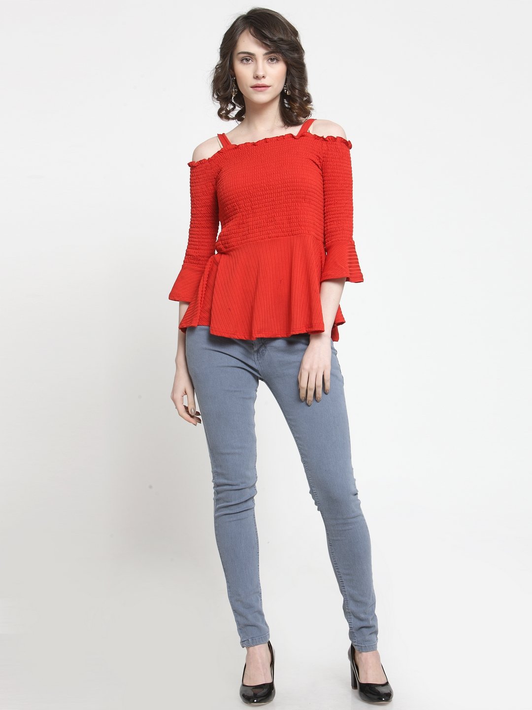 ZARVEY Casual Cold Shoulder Striped Women Red Top