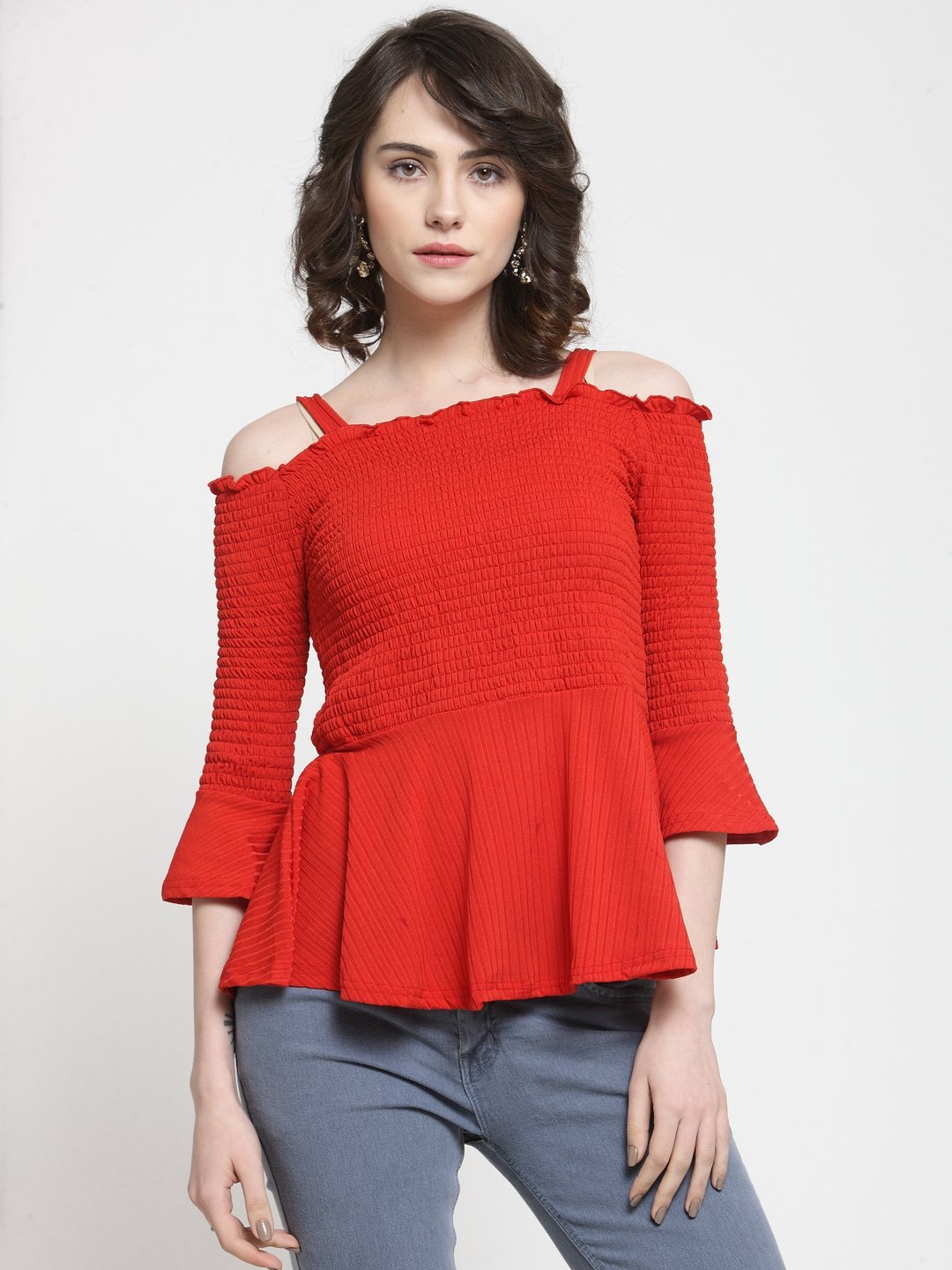 ZARVEY Casual Cold Shoulder Striped Women Red Top