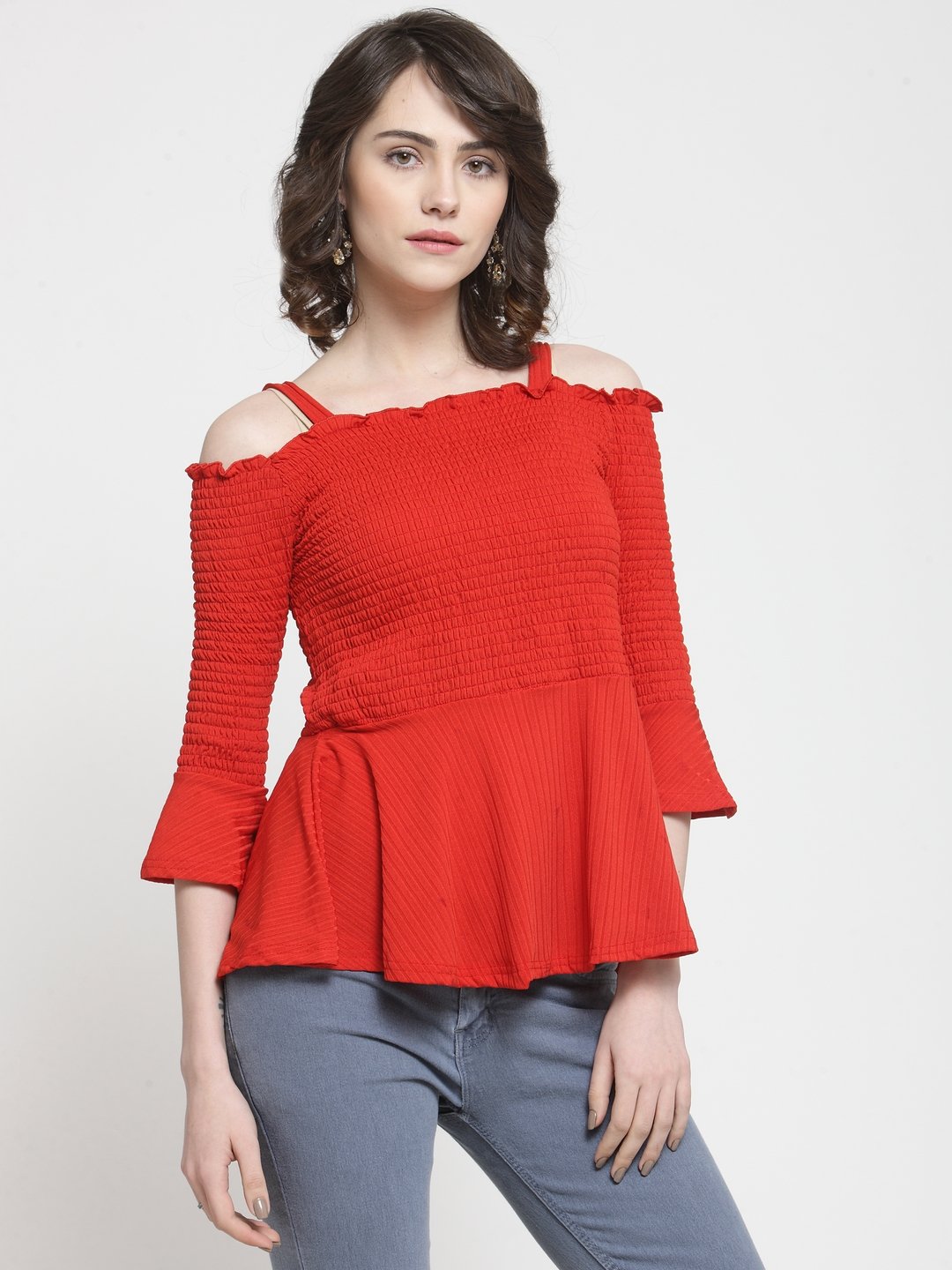 ZARVEY Casual Cold Shoulder Striped Women Red Top