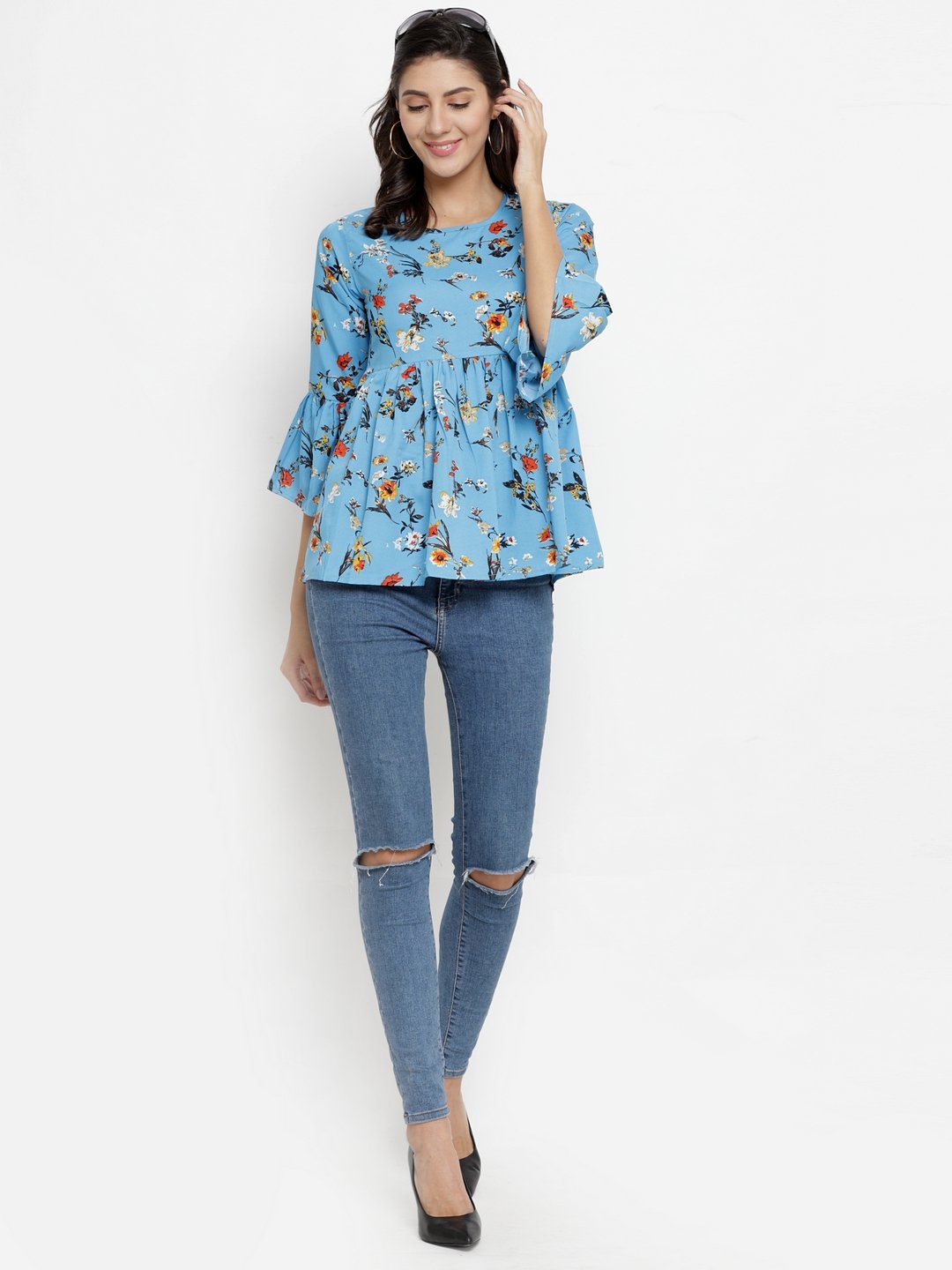 ZARVEY Casual Bell Sleeve Floral Print Women Multicolor Top