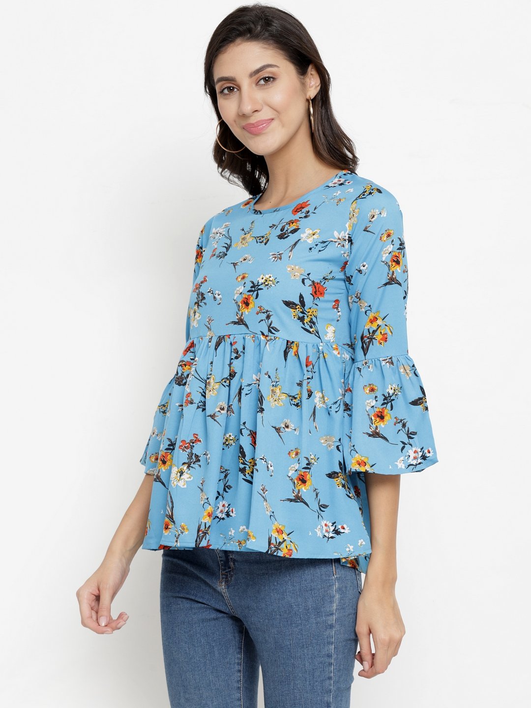 ZARVEY Casual Bell Sleeve Floral Print Women Multicolor Top