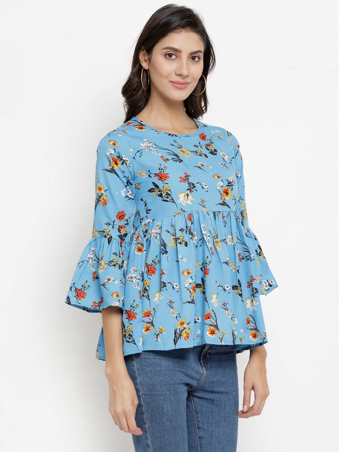 ZARVEY Casual Bell Sleeve Floral Print Women Multicolor Top