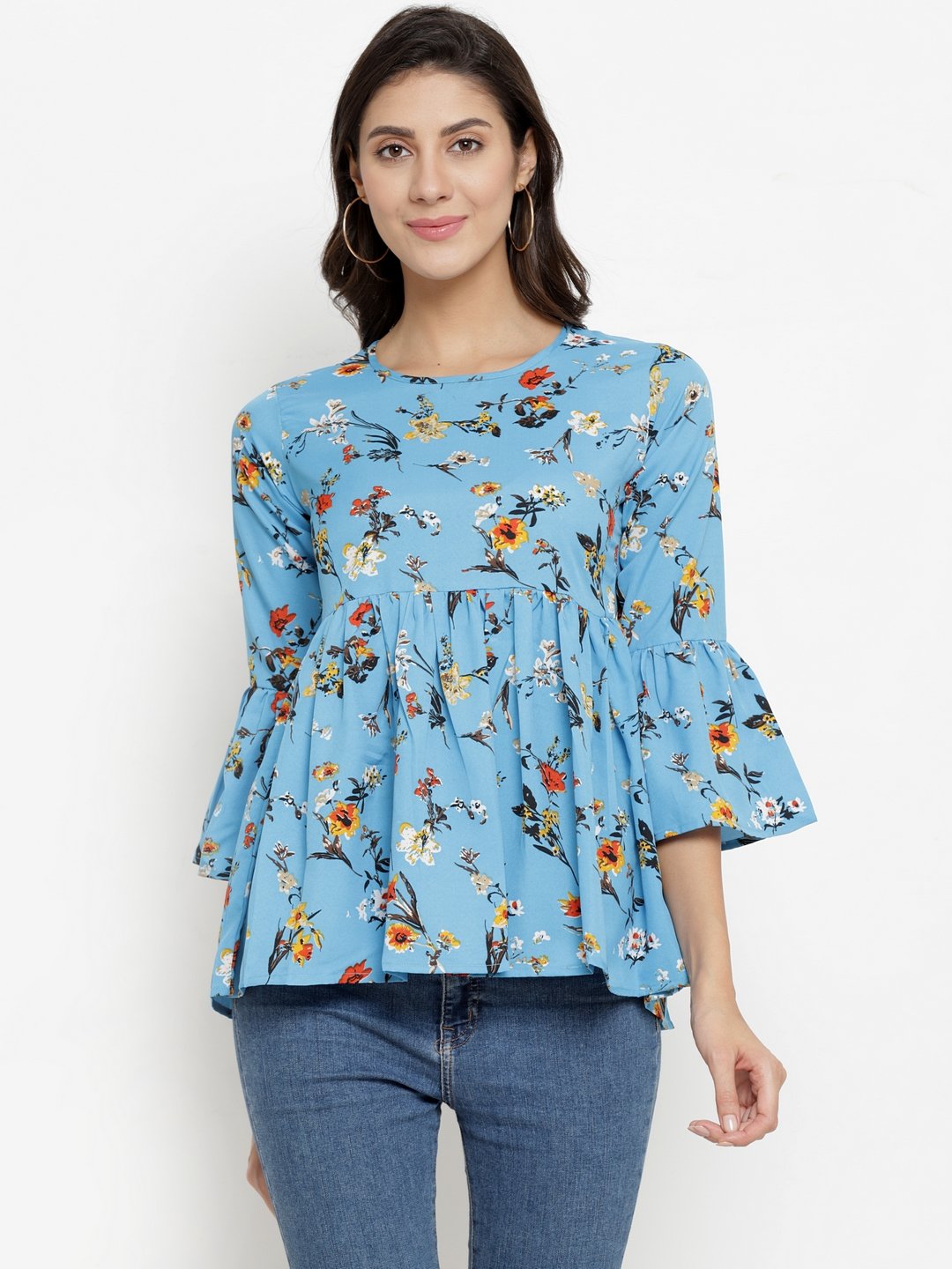 ZARVEY Casual Bell Sleeve Floral Print Women Multicolor Top