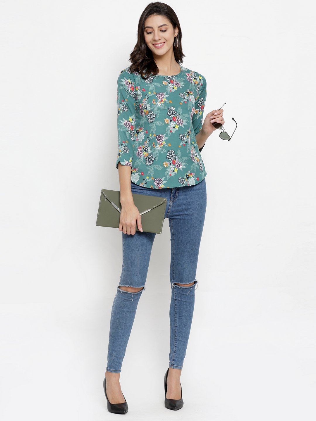 ZARVEY Casual 3/4 Sleeve Floral Print Women Multicolor Top