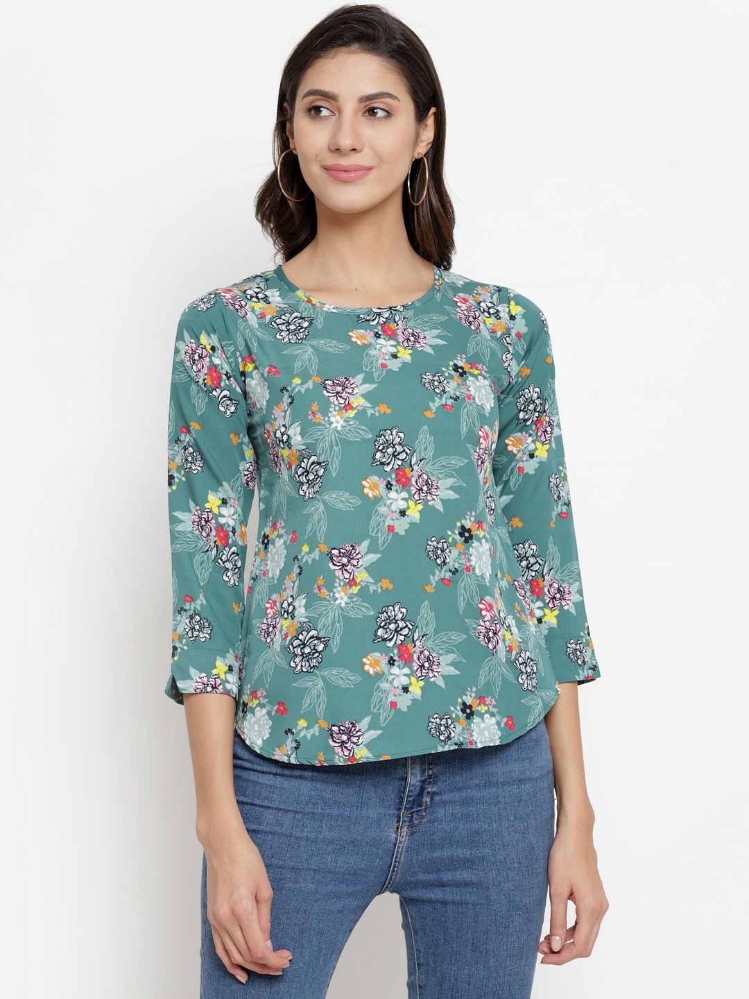 ZARVEY Casual 3/4 Sleeve Floral Print Women Multicolor Top