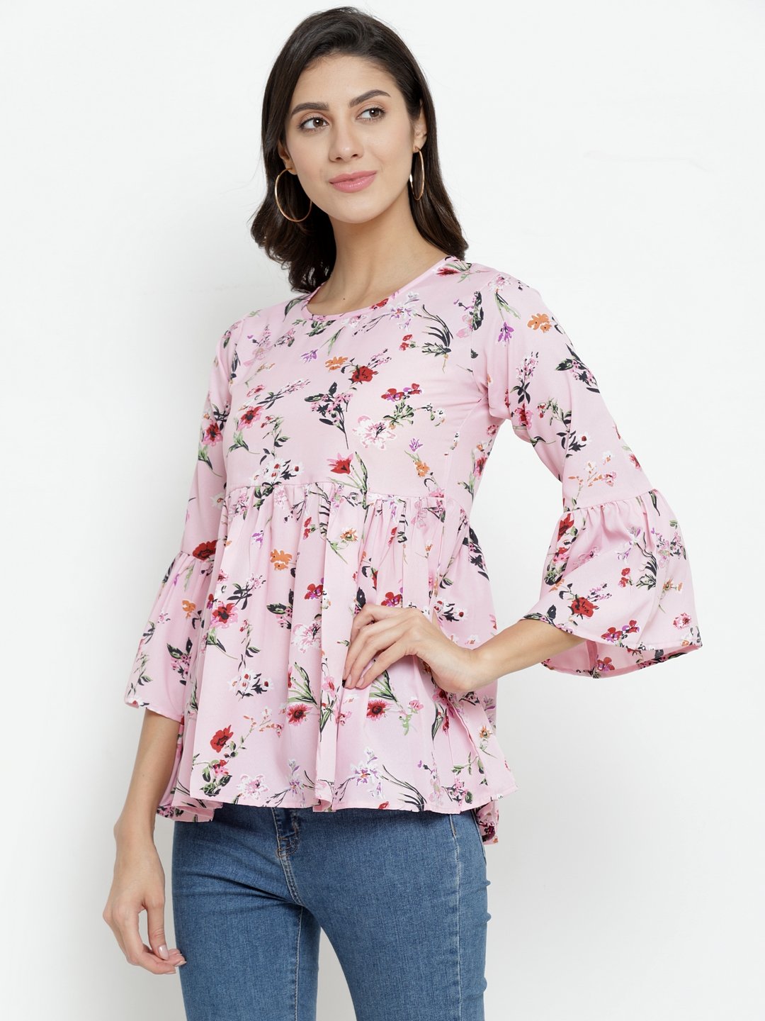 ZARVEY Casual Bell Sleeve Floral Print Women Multicolor Top