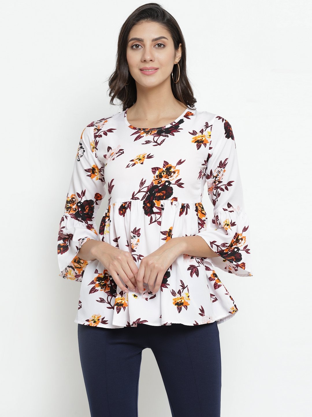 ZARVEY Casual Bell Sleeve Floral Print Women Multicolor Top