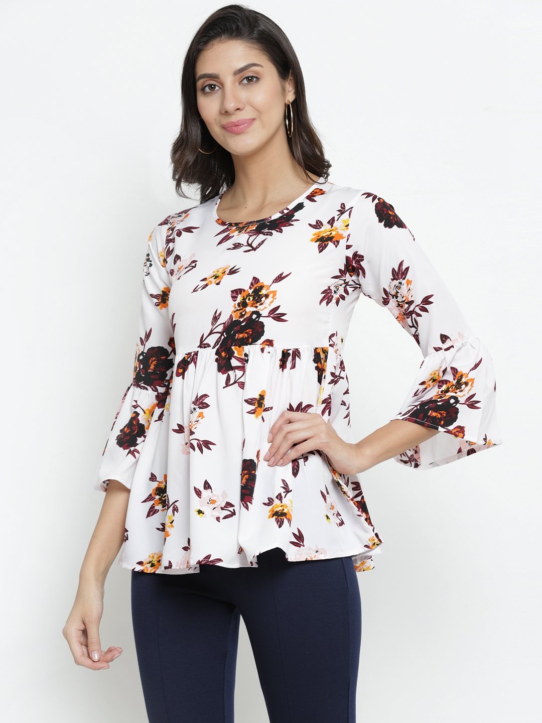 ZARVEY Casual Bell Sleeve Floral Print Women Multicolor Top