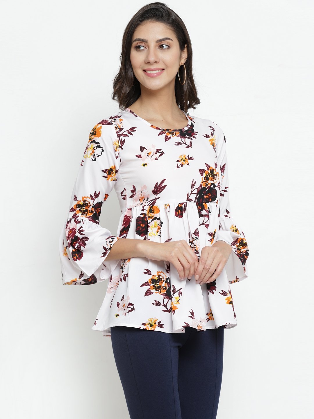 ZARVEY Casual Bell Sleeve Floral Print Women Multicolor Top