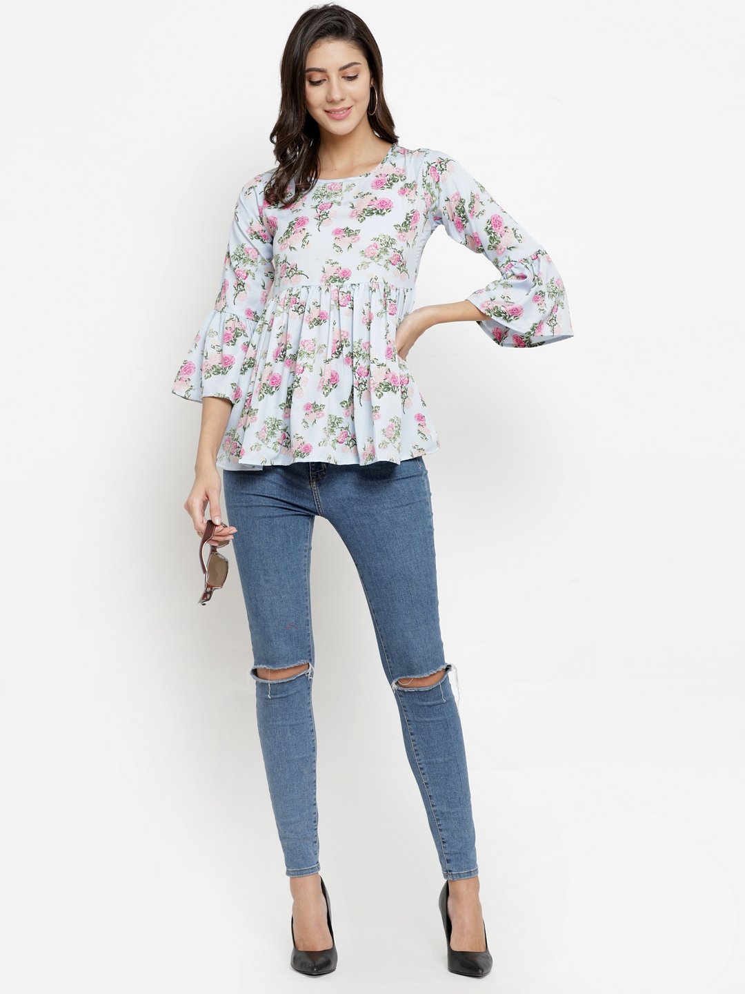 ZARVEY Casual Bell Sleeve Floral Print Women Multicolor Top