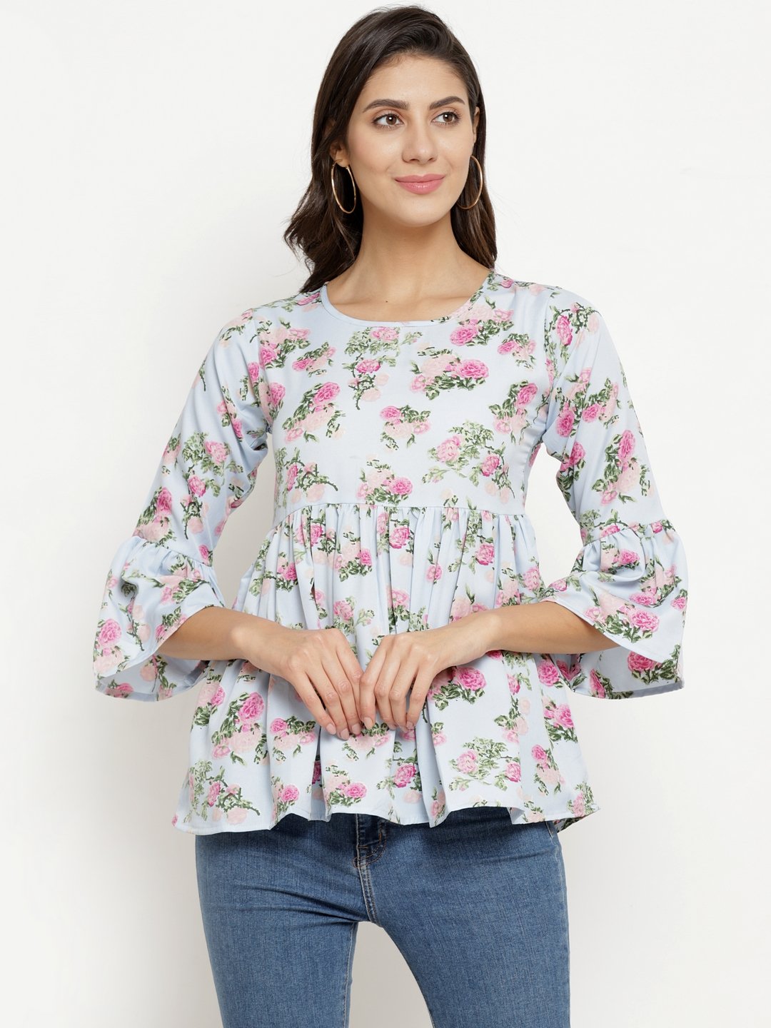 ZARVEY Casual Bell Sleeve Floral Print Women Multicolor Top