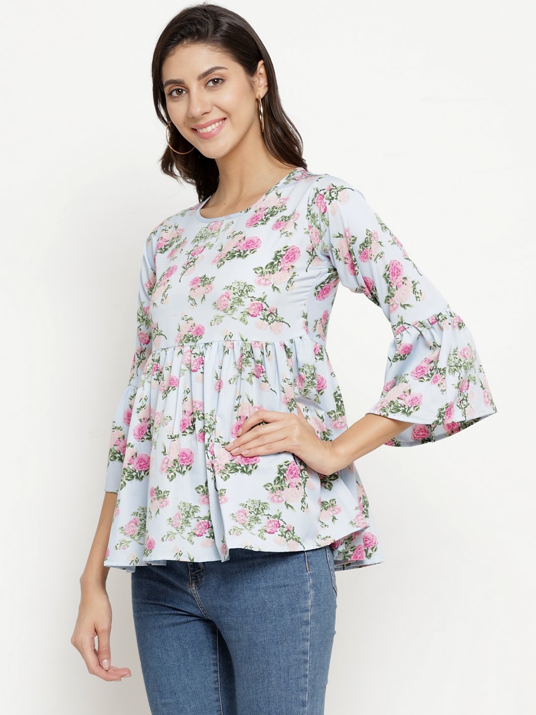 ZARVEY Casual Bell Sleeve Floral Print Women Multicolor Top