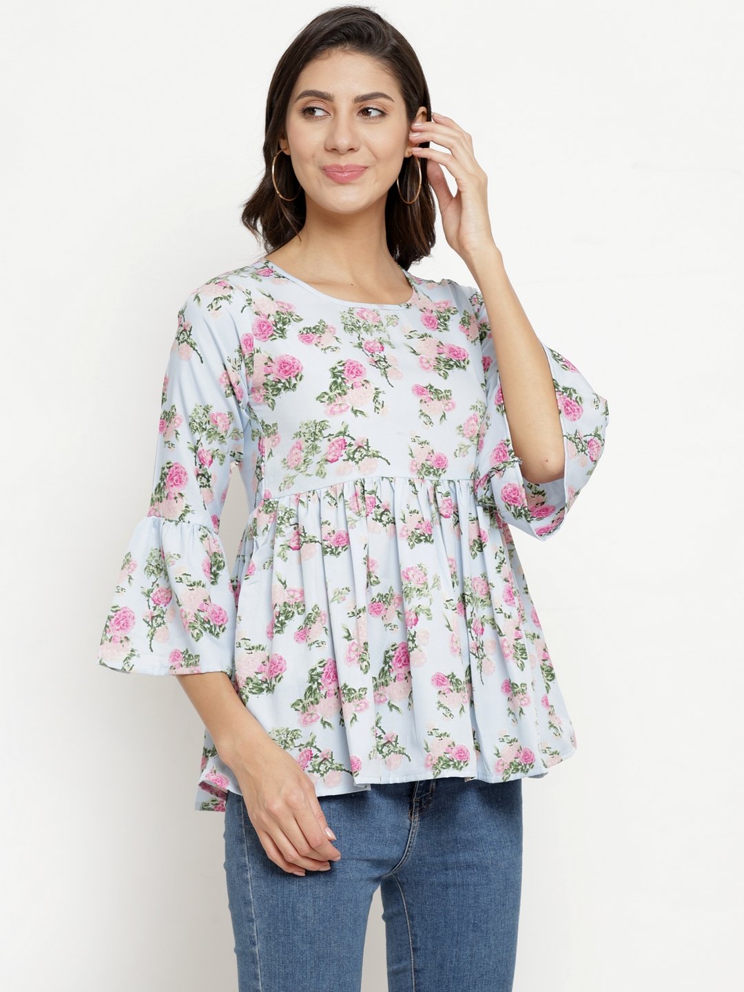 ZARVEY Casual Bell Sleeve Floral Print Women Multicolor Top