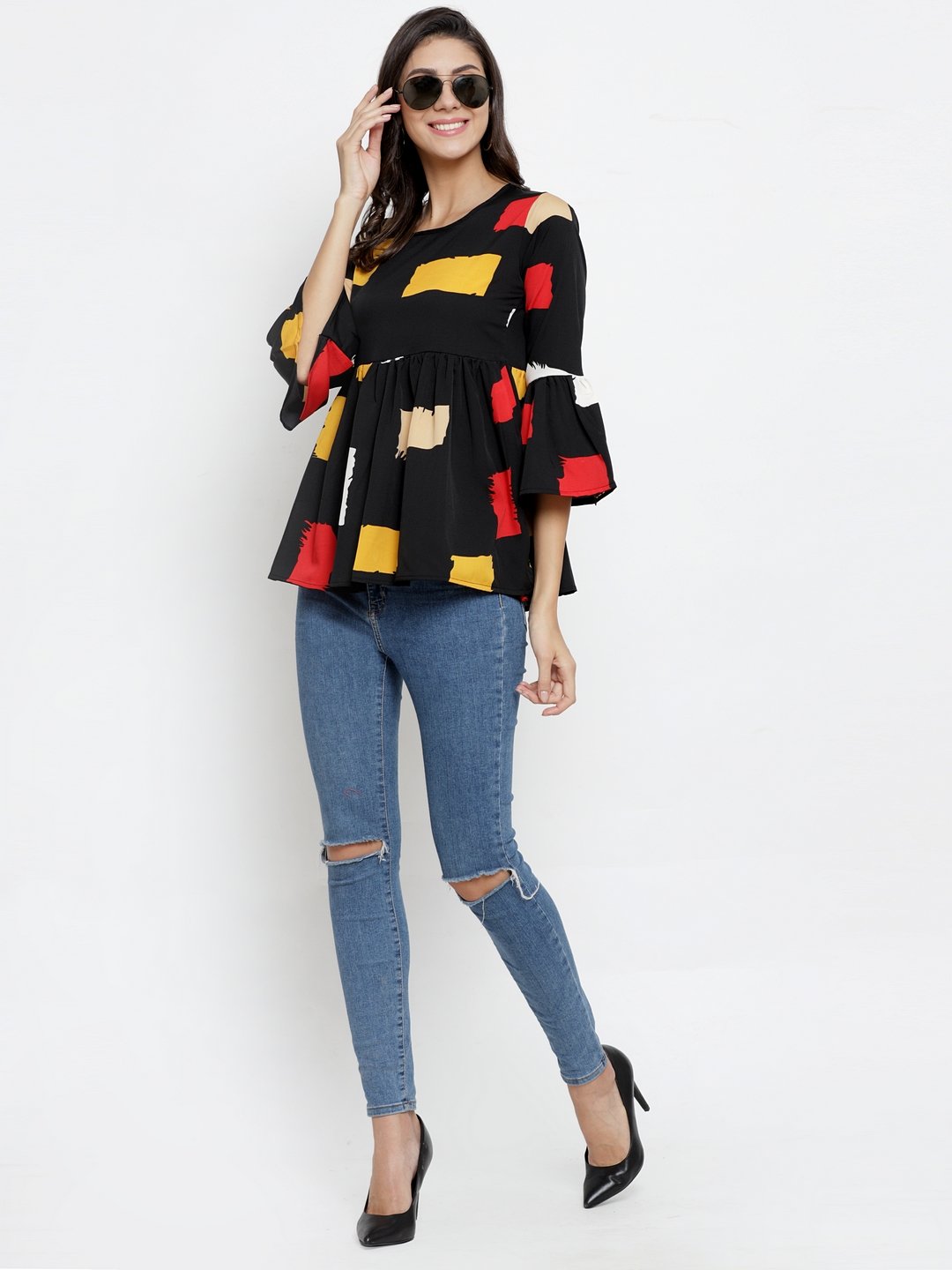 ZARVEY Casual Bell Sleeve Printed Women Multicolor Top