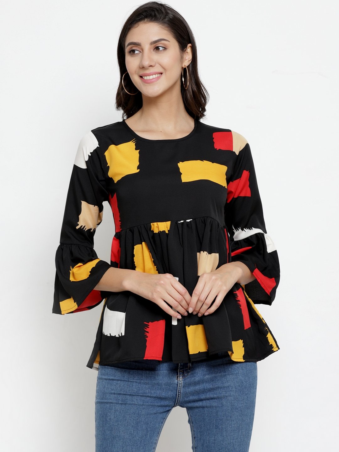 ZARVEY Casual Bell Sleeve Printed Women Multicolor Top