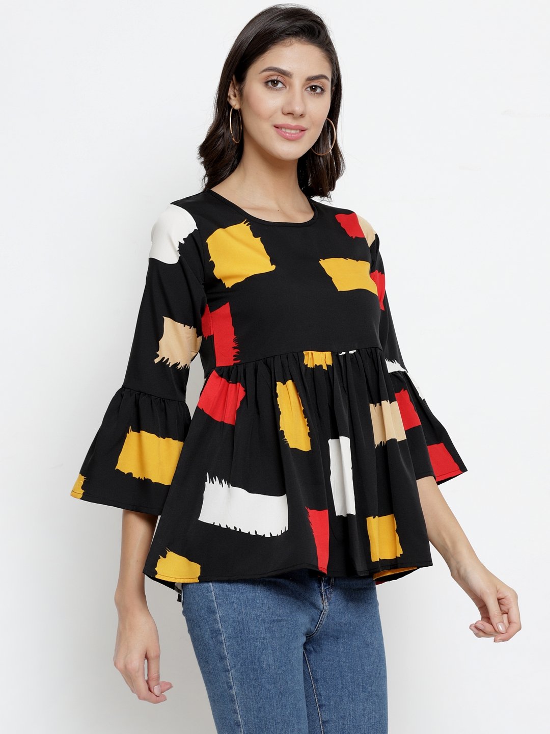 ZARVEY Casual Bell Sleeve Printed Women Multicolor Top