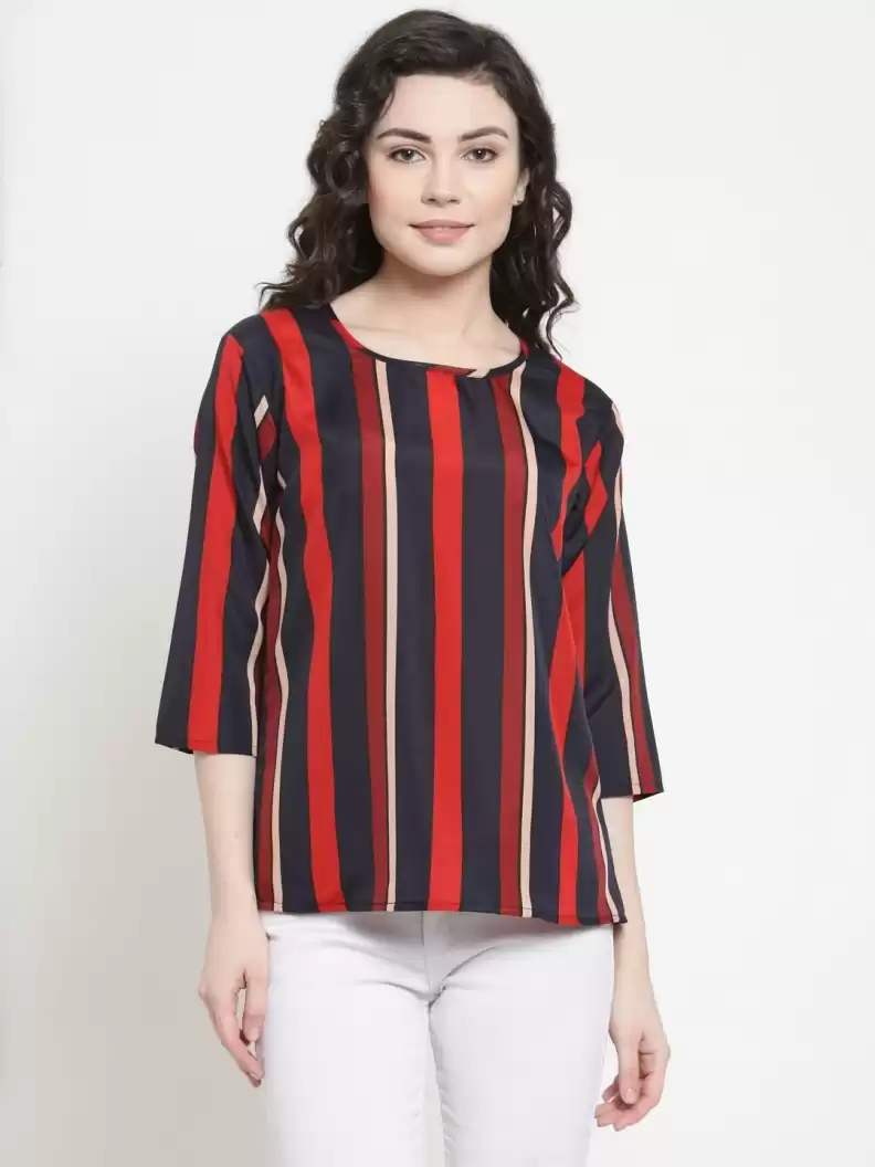 TANDUL  Casual Regular Sleeves Striped Women Red, Blue Top