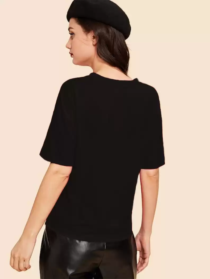 TANDUL  Printed Women Round Neck Black T-Shirt