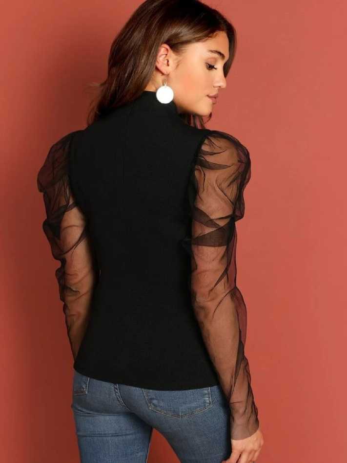 Casual Puff Sleeves Solid Women Black Top