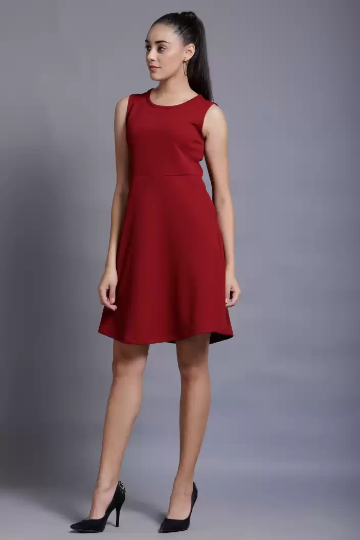 TANDUL  Women Skater Maroon Dress