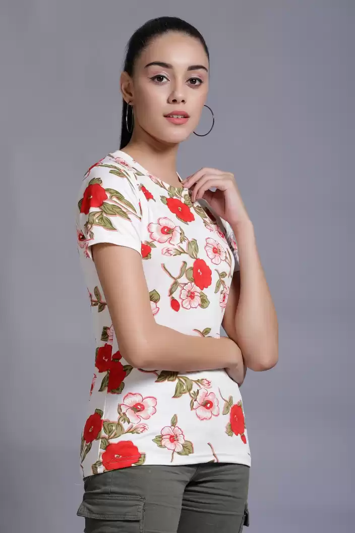 TANDUL  Casual Regular Sleeves Floral Print Women White Top