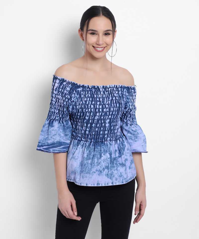 TANDUL  Casual Bell Sleeves Washed Women Blue Top