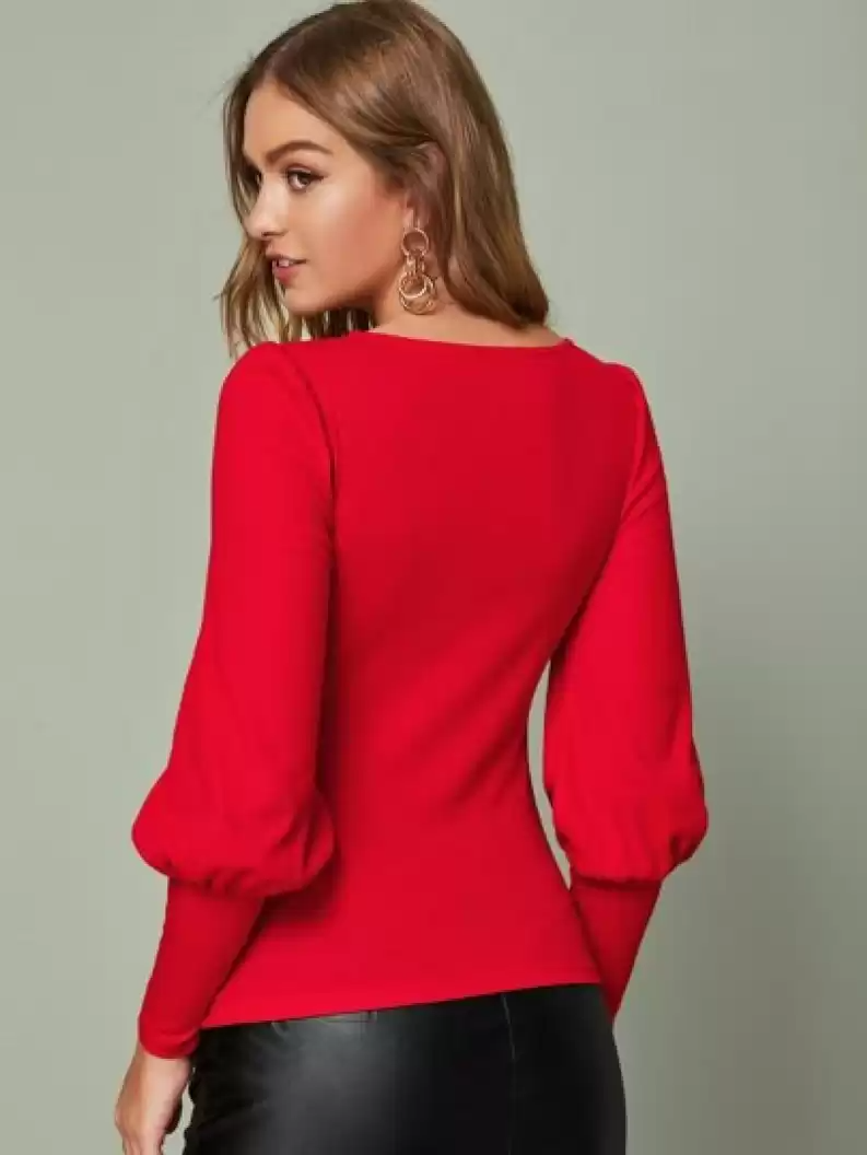 TANDUL  Casual Bishop Sleeve Solid Women Red Top