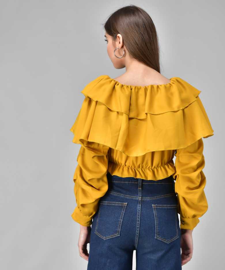 Casual Regular Sleeves Solid Women Yellow Top