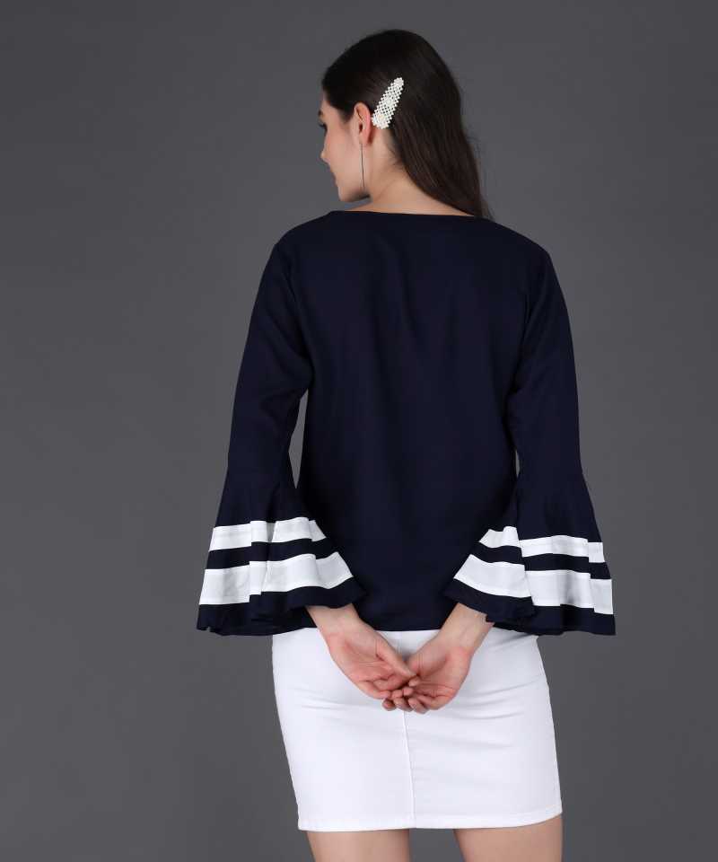 Casual Bell Sleeves Solid Women Blue Top