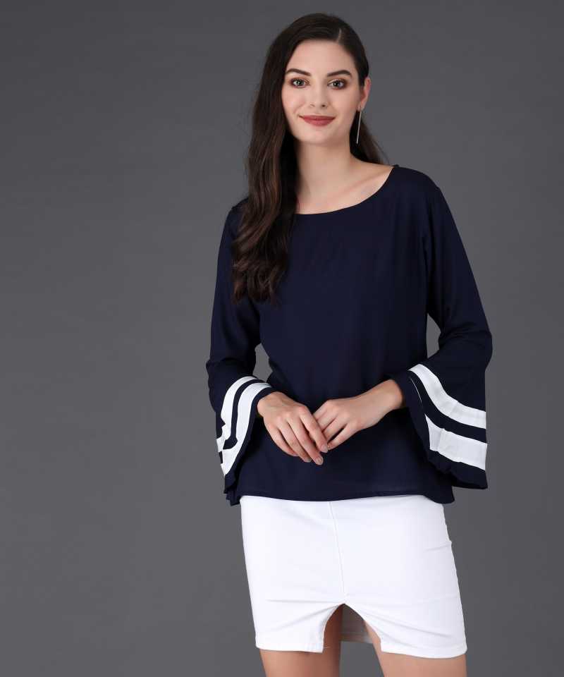 Casual Bell Sleeves Solid Women Blue Top