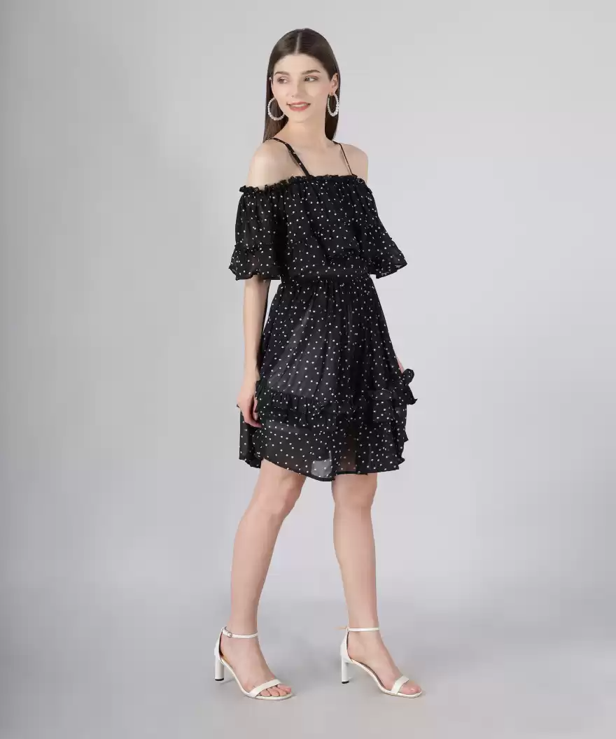 TANDUL  Women Ruffled Black, White Dress