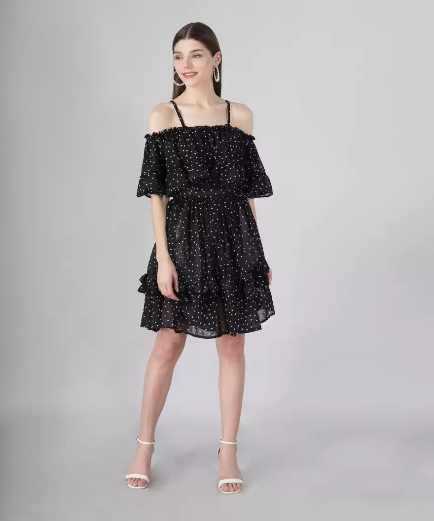 TANDUL  Women Ruffled Black, White Dress