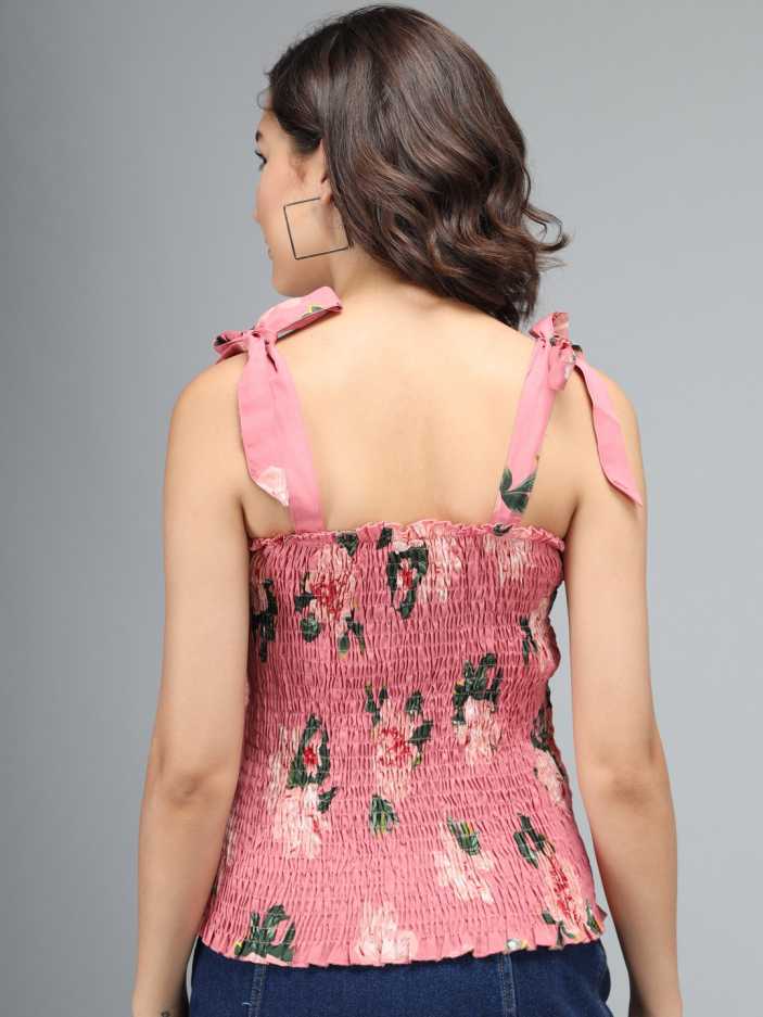 Casual Shoulder Straps Floral Print Women Pink Top