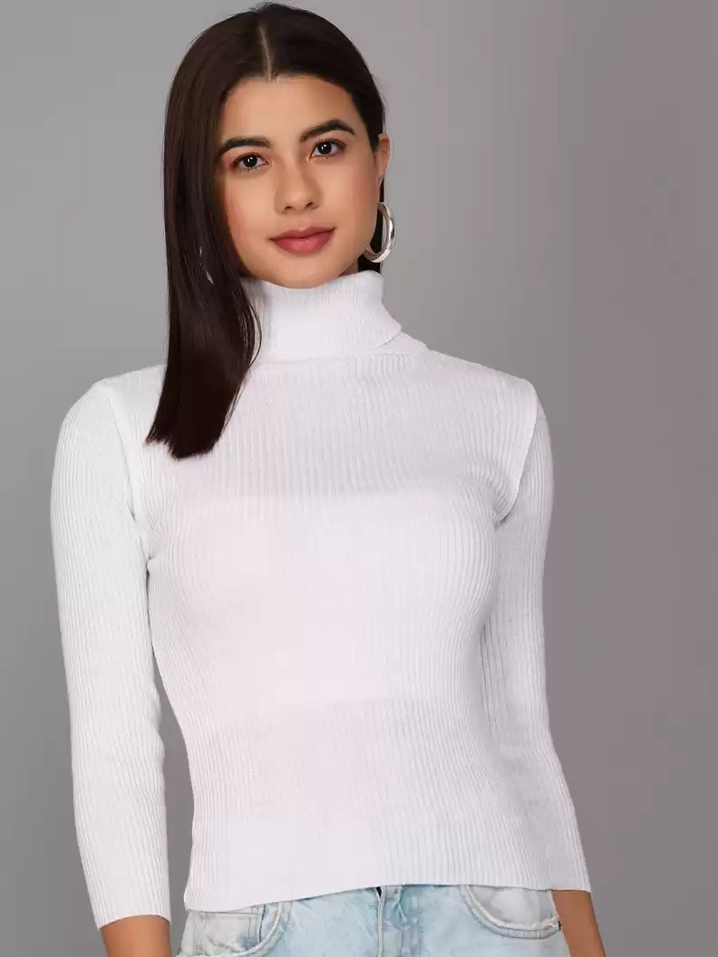 TANDUL  Self Design High Neck Casual Women White Sweater