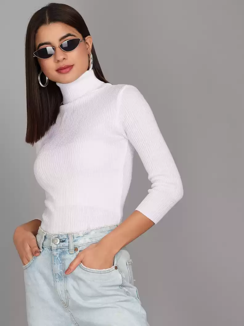 TANDUL  Self Design High Neck Casual Women White Sweater