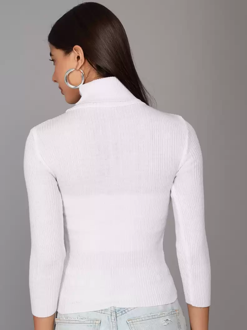 TANDUL  Self Design High Neck Casual Women White Sweater