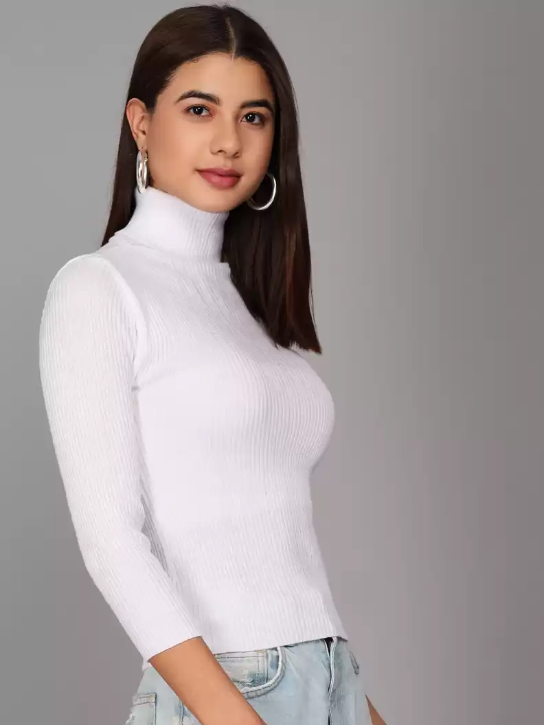 TANDUL  Self Design High Neck Casual Women White Sweater