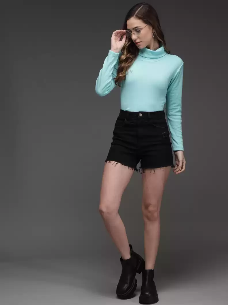 TANDUL  Solid High Neck Casual Women Blue Sweater