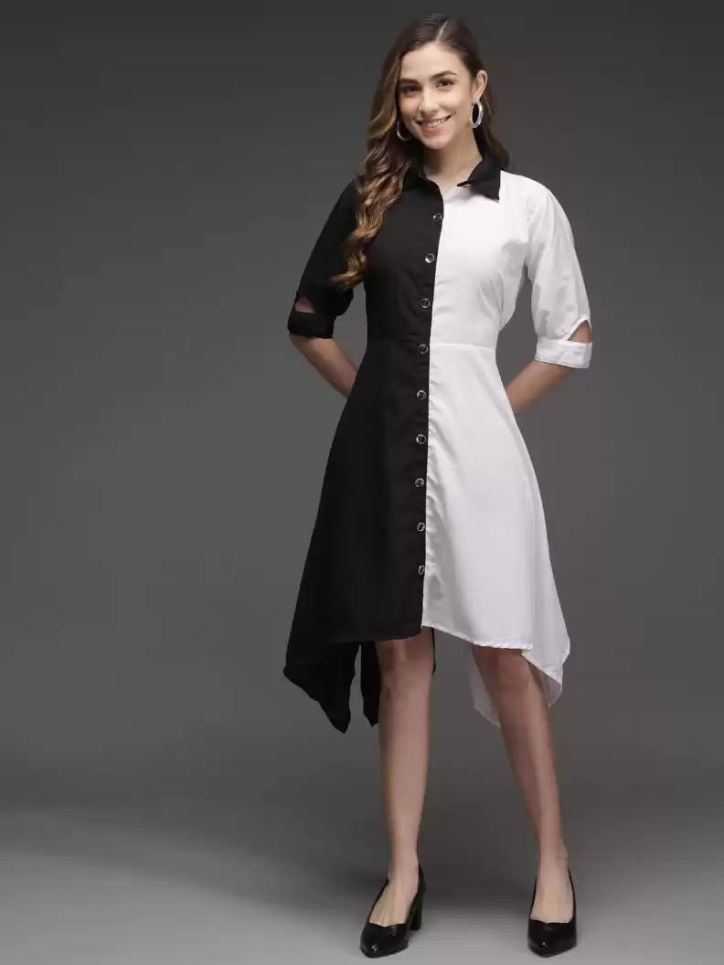 TANDUL  Women High Low White, Black Dress